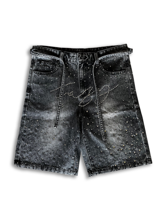 Black "FRNZY" rhinestone jorts