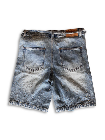 Blue "FRNZY" rhinestone jorts