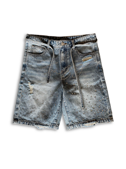 Blue "FRNZY" rhinestone jorts